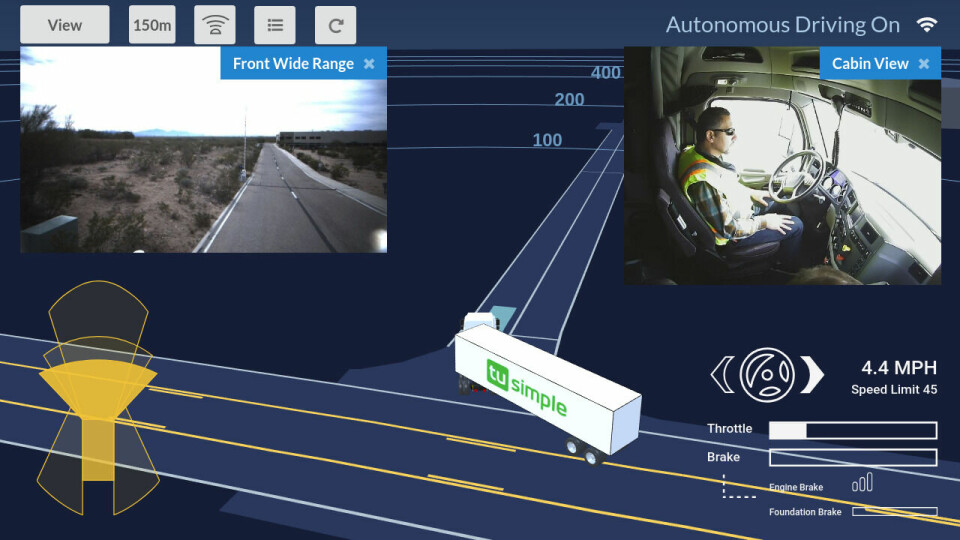 This interface shows the TuSimple system in action manoeuvring a commercial vehicle. Credit: TuSimple HMI, TuSimple