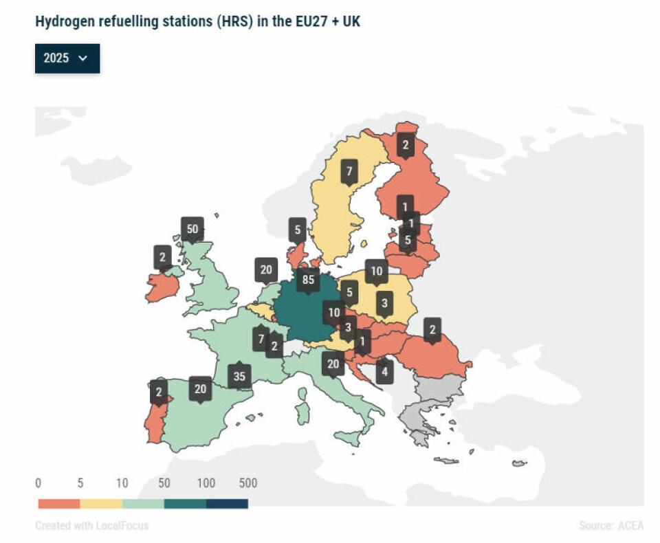 Figure 4: EU27 (+UK) Hydrogen refuelling stations (HRS) needed for trucks for 2025 (source: Acea) EU27 (+UK) Hydrogen Refuelling Stations (HRS) needed for trucks for 2025 (ACEA)