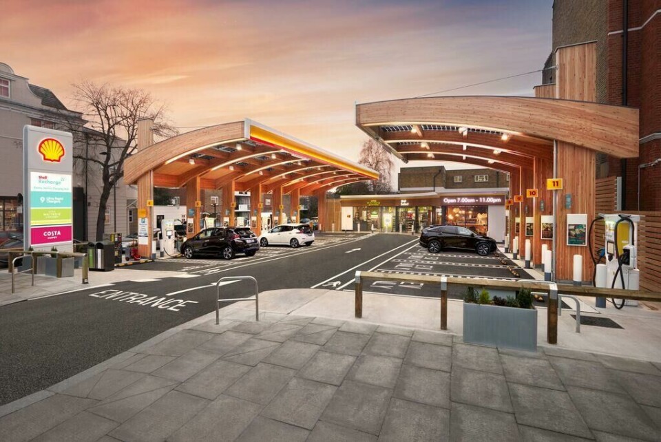 Shell has recently opened its first Recharge facility exclusively for EVs on the Fulham Road in London, UK Shell Recharge Fulham Road - evening