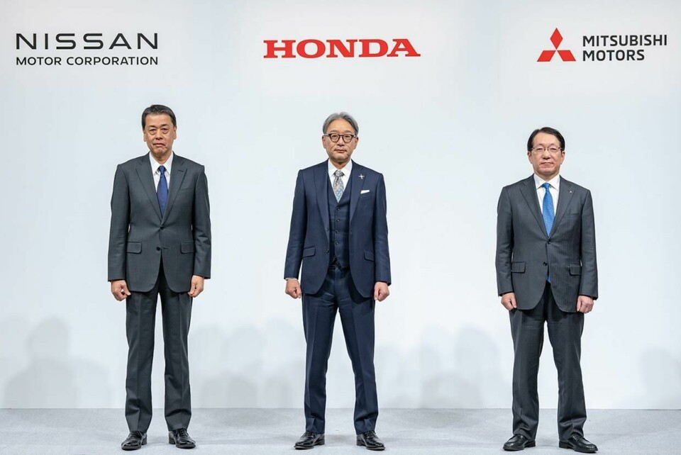 Nissan’s head Makota Uchinda was joined Honda’s Toshihiro Miba and Mitsubishi’s Takao Kato for a press conference to outline plans in December Nissan Honda Mitsubishi