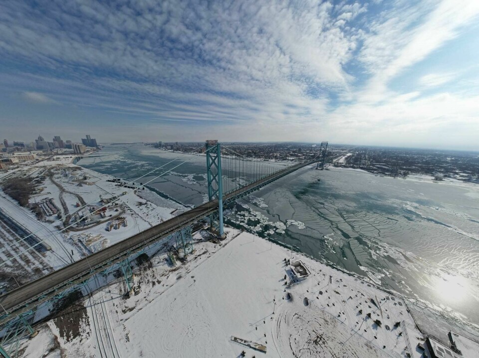 The Ambassador Bridge crosses from Windsor, Ontario to Detroit, Michigan Ambassador_Bridge