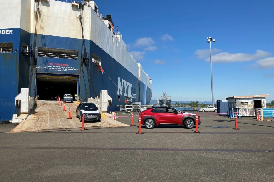 Subaru Solterra EVs being unloaded at the Port of Vancouver USA Solterras