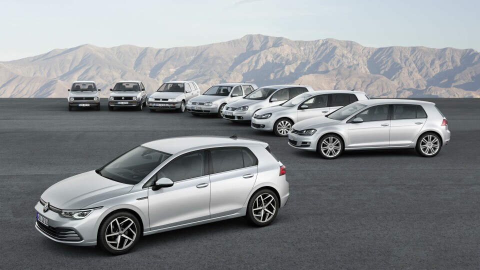 The eighth-generation Golf, with all previous generations in the background VW Golf all generations