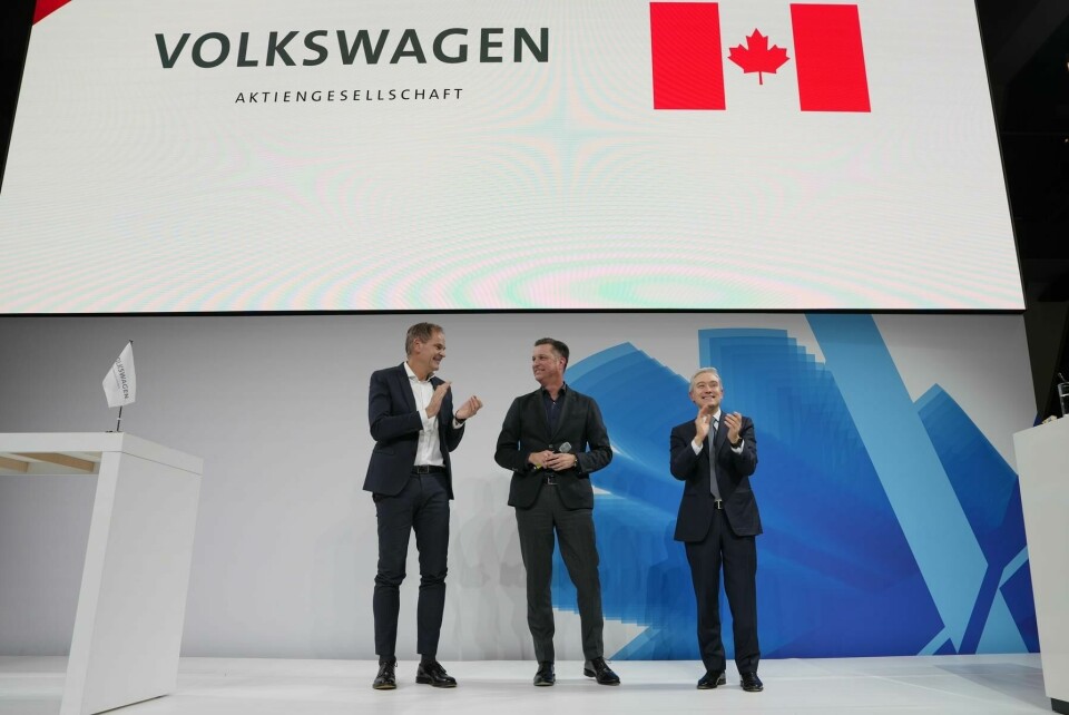 (from left) Oliver Blume, CEO, VW; Thomas Schmall, head of technology, VW; Canadian minister for Innovation, Science and Industry, François-Philippe Champagne Oliver Blume, CEO, VW; Thomas Schmall, head of technology at VW; Canadian minister for Innovation, Science and Industry, François-Philippe Champagne
