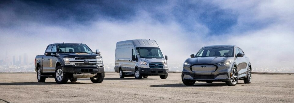 Ford’s new EV line-up includes (left to right), the F-150 EV, the E-Transit and the Mustang Mach-E All-New-Ford-E-Transit_Mustang-Mach-E_All-Electric-F-150