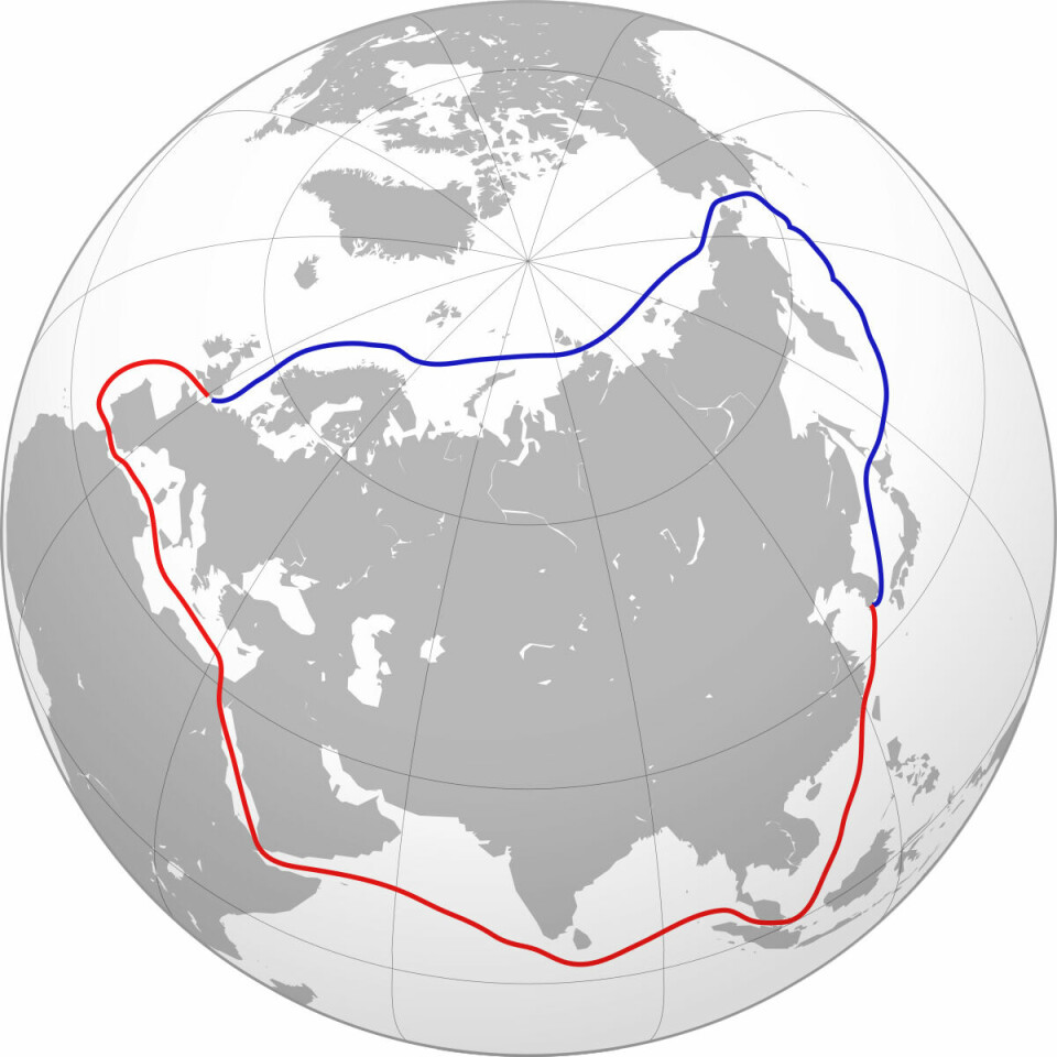 The NSR (blue line) shortens the journey from Asia to Europe by around 40% compared with the Suez Canal route (red line) Globe with NSR