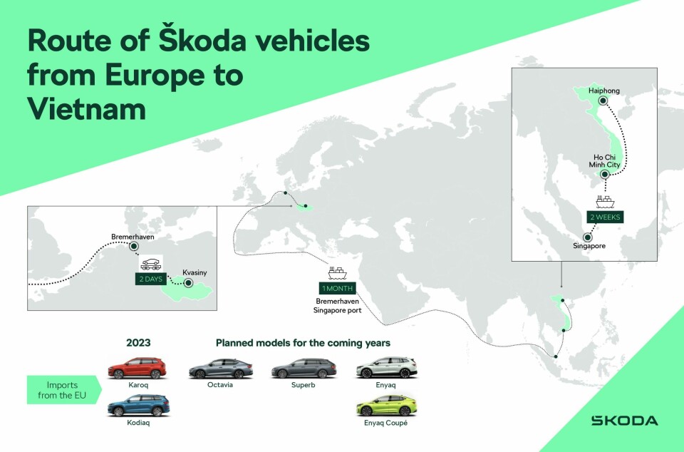 Vehicles from Škoda’s plant in Kvasiny, Czech Republic make a two-day journey by rail to Bremerhaven port, before travelling by ro-ro to Vietnam Route of Skoda models to Vietnam