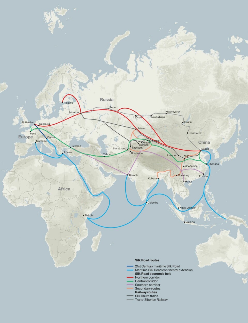 Russia’s international trade and infrastructure plan known as the Belt and Road Initiative One-belt-onet-road-map-source.Chatham-House