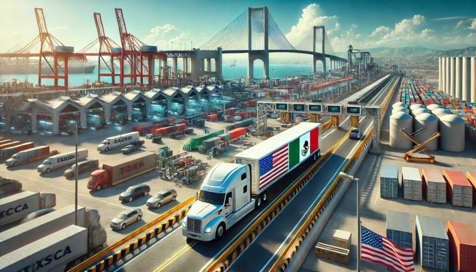 Trade disputes accelerate nearshoring trend with implications for logistics providers DALL·E 2025-01-21 12.31.01 - A photorealistic depiction of a vibrant automotive logistics scene symbolizing US-Mexico nearshoring. The foreground features a semi-truck crossing a