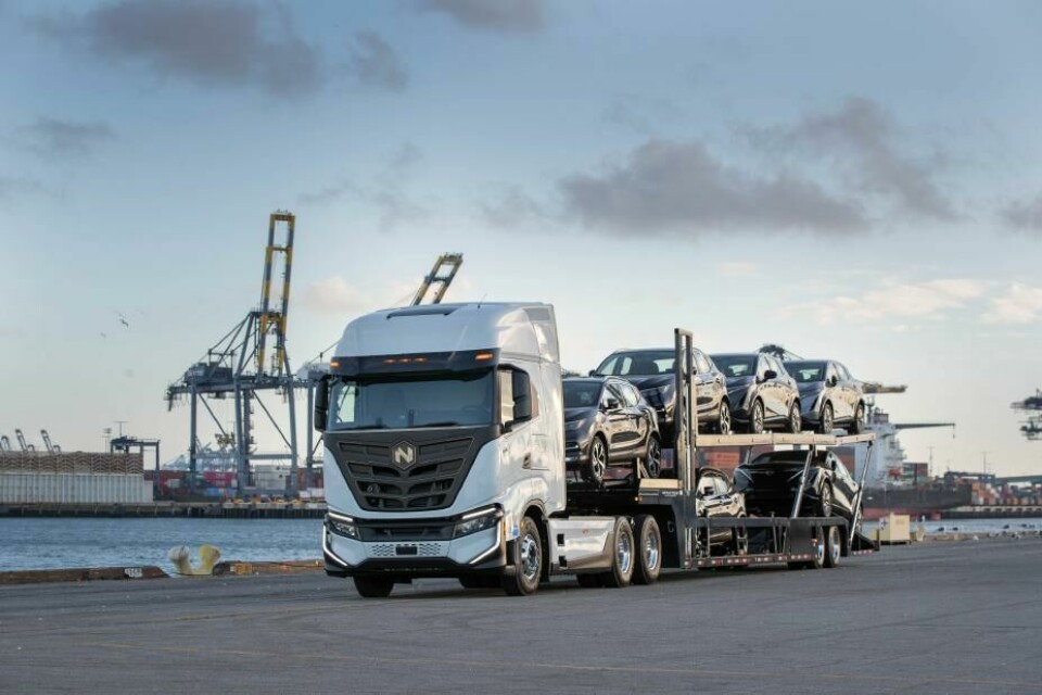 Nissan is using electric semi-trailers to deliver vehicles imported through the port of LA in a new trial with Avant Garde Auto Logistics loaded Nikola truck at port