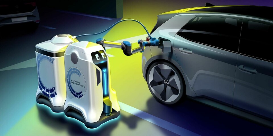 VW unveils EV charging robot with potential to support outbound logistics VW Charging Robot connected to ID.3