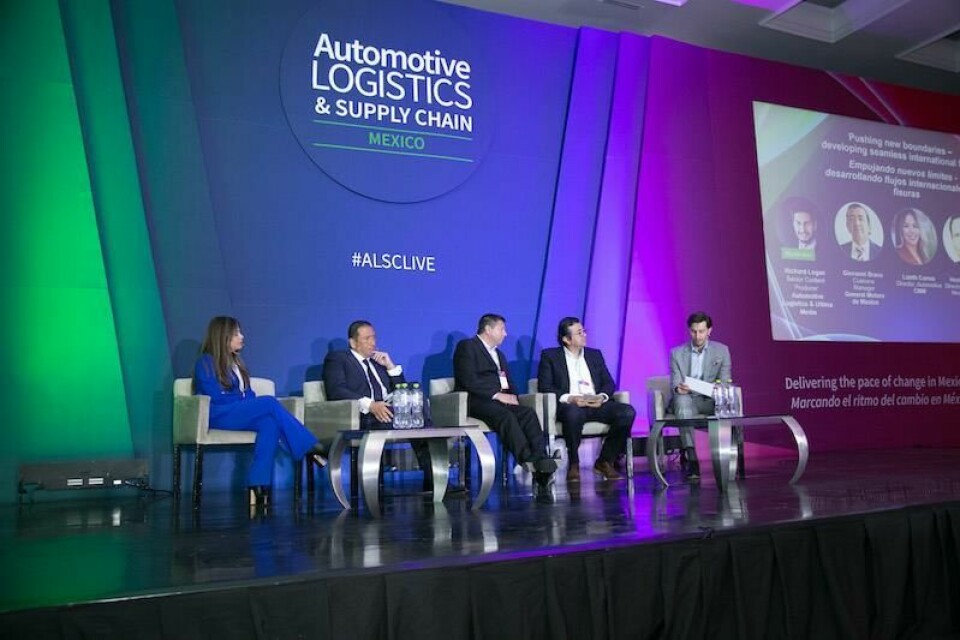 (L to R) Lizeth Correa: CNW, Hector Espinoza: MSC, David Resetar: DB Schenker, Giovani Bravo Vanegas: GM Mexico, and Richard Logan: Automotive Logistics ALSC Mexico 2023 Lizeth Correa, CNW, Hector Espinoza, David Resetar, Giovani Bravo Vanegas