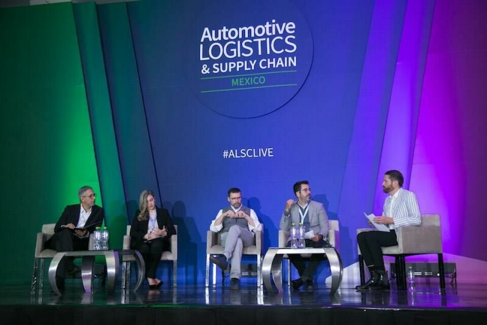 (L to R) Roberto Cruz, Ryder; Alondra Alejo, CH Robinson; Lars Krosch, Time:Matters; Leonardo Martins, Bocar Group; Christopher Ludwig, Automotive Logistics ALSC Mexico 2023, Roberto Cruz, Alondra Alejo, Lars Krosch, Leonardo Martins, Christopher Ludwig