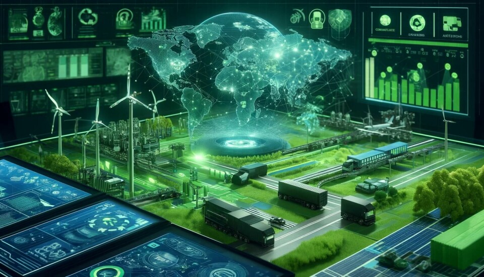 How the automotive industry is tracking and reducing logistics and supply chain emissions DALL·E 2025-02-05 13.10.25 - A futuristic digital illustration highlighting sustainability in automotive logistics. A world map with interconnected green supply chain routes, repr