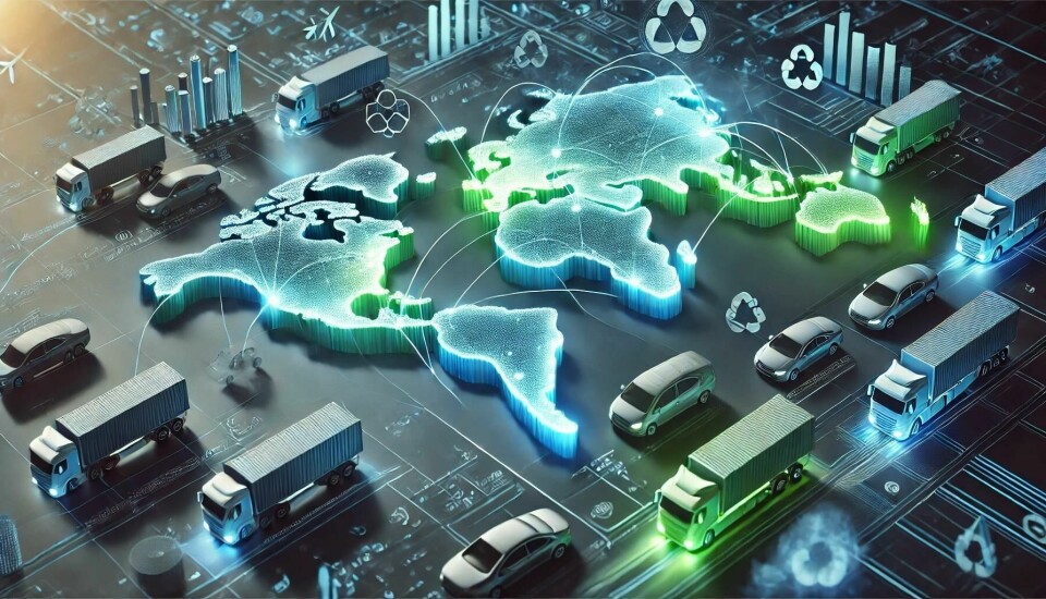 How the automotive industry is tracking and reducing logistics and supply chain emissions DALL·E 2025-02-05 13.13.56 - A futuristic digital illustration of an automotive logistics network visualizing emissions tracking. A world map with interconnected supply chain rout