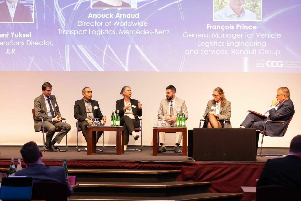 Panel session at ECG conference 2024, featuring (left to right) François Prince of Renault Group, Levent Yuksel of JLR, Anouck Arnaud of Mercedes-Benz, Johannes Alexander Hödlmayr of Hödlmayr International, Cecilie Brandt Bidstrup of DFDS; and Mike Sturgeon of ECGIndustry leaders explore the future of sustainable logistics in the automotive sector, emphasising the importance of collaboration and innovative solutions for decarbonising vehicle production and transport. Final panel session ECG conference 2024