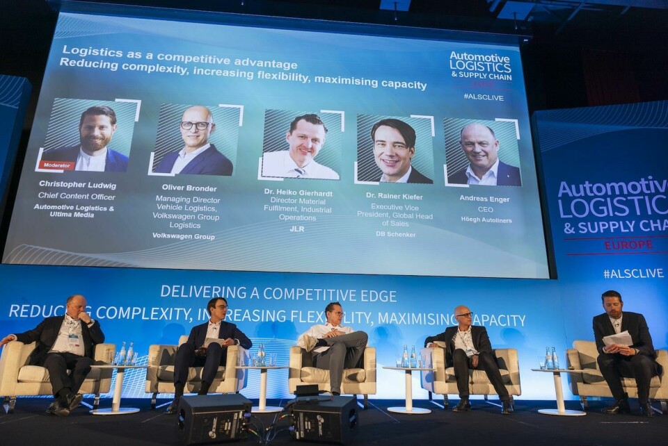 (L to R) Höegh’s Andreas Enger, DB Schenker’s Dr Rainer Kiefer, JLR’s Dr Haiko Gierhardt and VW Group Logistics, Oliver Bronder; chairperson, Christopher Ludwig ALSC_Europe_session 1 speakers