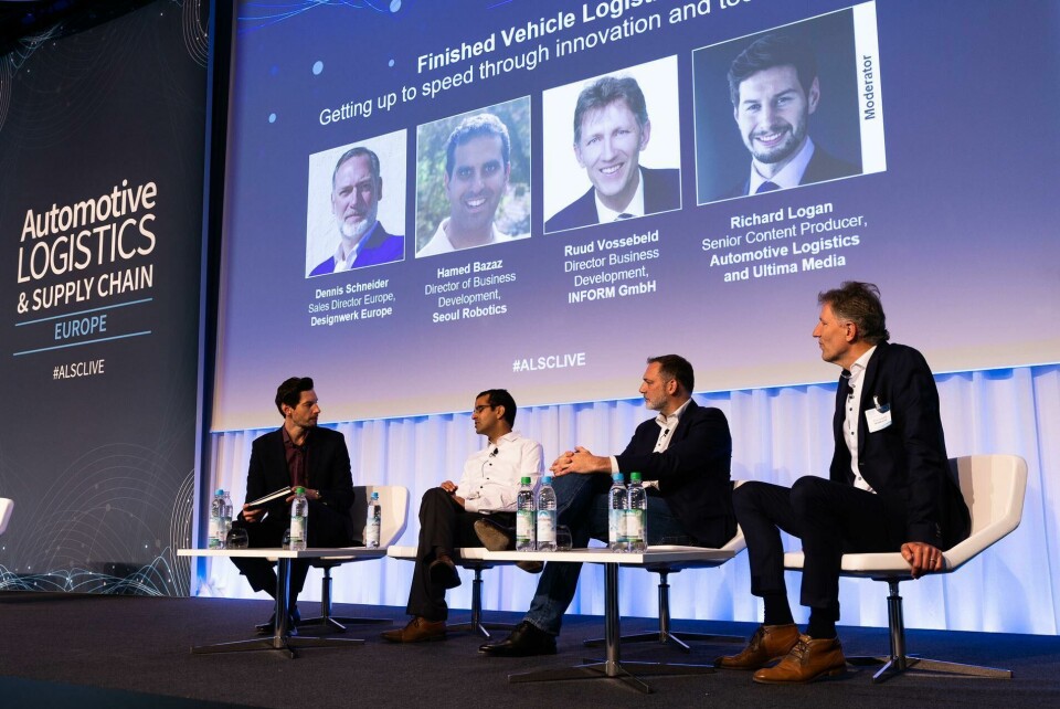 Richard Logan talks to (left to right): Seoul Robotics’ Hamed Bazaz, Designwerk Europe’s Dennis Schneider and Inform’s Ruud Vossbeld ALSC Europe Day 2_Session_1 FVL innovation
